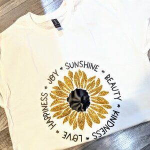 NEW Womens Large Graphic Tshirt, Sparkly Sunflower with Nice Words
